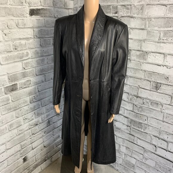 Vintage 90s Black Leather Trench Coat Retro Maxi Long Length Jacket Overcoat - Picture 10 of 16